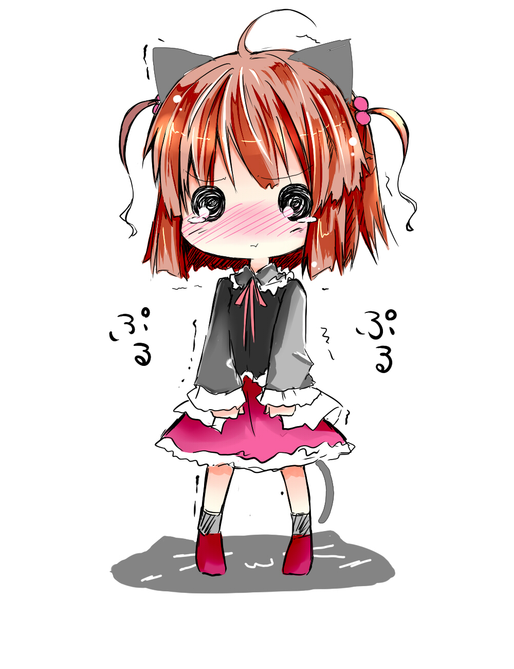 animal_ears blush brown_hair cat_ears cat_tail chibi copyright_request highres shichinose simple_background skirt solid_circle_eyes solo tail tears white_background