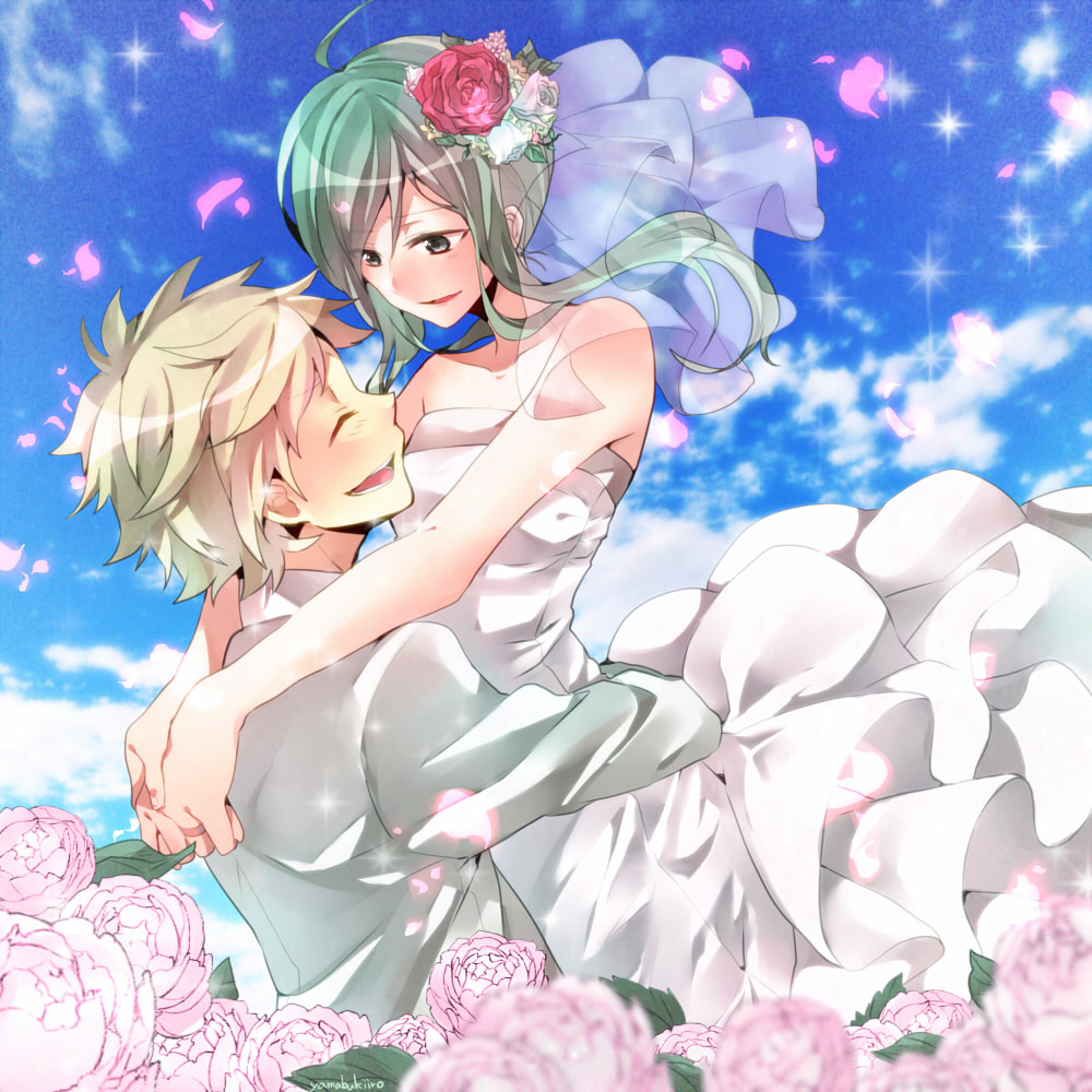 1girl bad_id bad_pixiv_id bare_shoulders blonde_hair bridal_veil bride carrying couple dress flower formal gown green_hair happy hetero hug kagerou_project kano_shuuya kido_tsubomi long_hair short_hair smile suit veil wedding_dress yamabukiiro