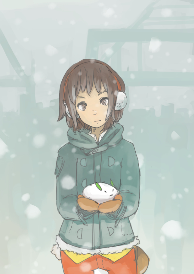 brown_eyes brown_hair coat copyright_request earmuffs looking_at_viewer mittens snow snow_bunny solo sousuke_(sauceke)