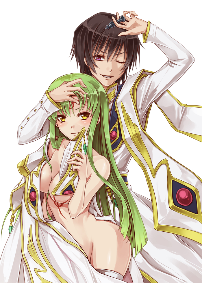 1girl arm_up bad_id bad_pixiv_id bare_shoulders black_hair blush breasts c.c. censored chess_piece coat code_geass convenient_censoring green_hair hand_on_another's_head hat lelouch_lamperouge long_hair medium_breasts mozuyun no_bra no_panties one_eye_closed purple_eyes shiny shiny_skin smile thighhighs white_legwear yellow_eyes