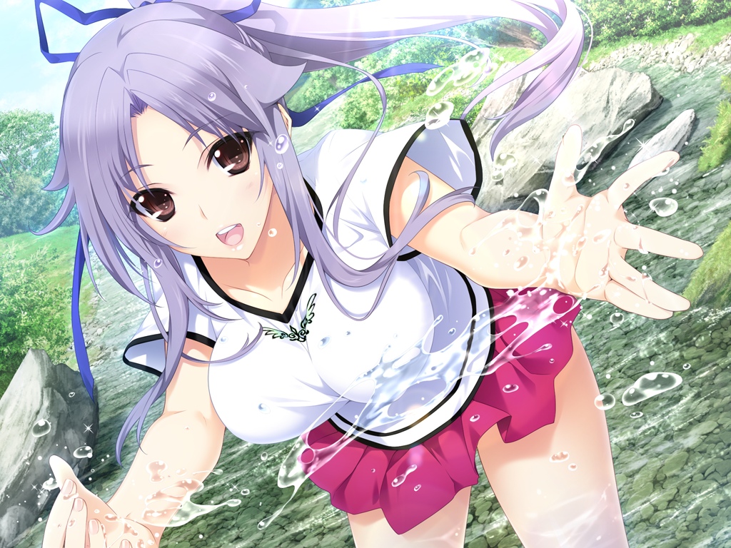 1girl blush bouncing_breasts breasts brown_eyes forest game_cg hair_ornament happy highres iizuki_tasuku large_breasts legs long_hair looking_at_viewer lovely_x_cation_2 narukawa_hime nature open_mouth ponytail purple_hair rock skirt smile solo standing thighs tree water