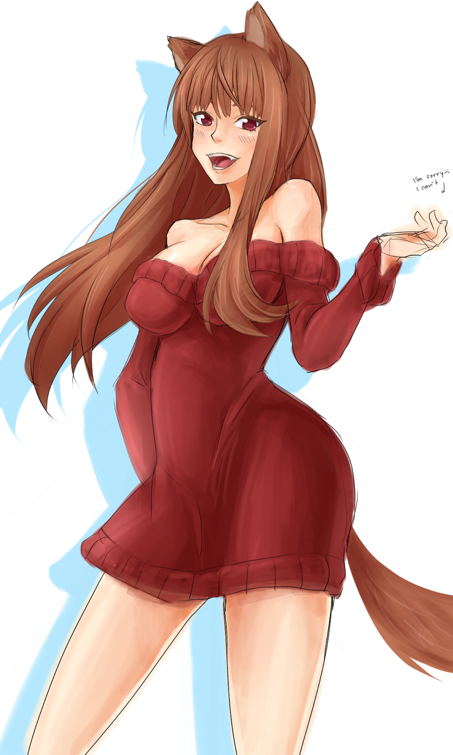 animal_ears bad_hands bare_shoulders blush breasts brown_hair cleavage dress fang highres holo large_breasts long_hair open_mouth pltrgst red_eyes sketch smile solo spice_and_wolf sweater sweater_dress tail wolf_ears wolf_tail