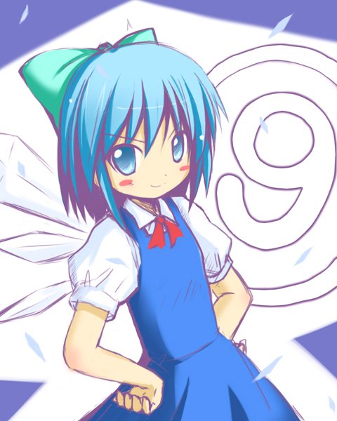 1girl blue_eyes blue_hair blush_stickers bow cirno hair_bow hands_on_hips ice ice_wings looking_at_viewer shichinose smile solo touhou wings