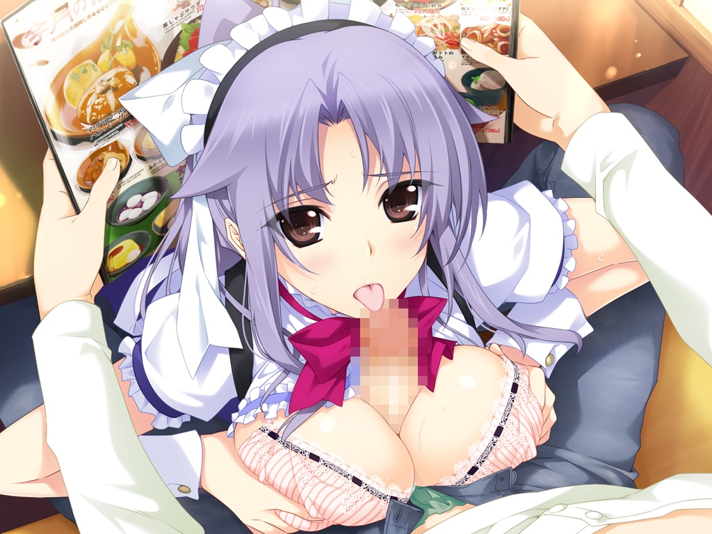 1girl blush bow bowtie bra breast_squeeze breasts brown_eyes censored cleavage game_cg highres iizuki_tasuku large_breasts licking long_hair looking_up lovely_x_cation_2 maid_headdress menu narukawa_hime open_clothes oral paizuri penis ponytail purple_hair sitting sweat table tongue tongue_out underwear waitress wrist_cuffs