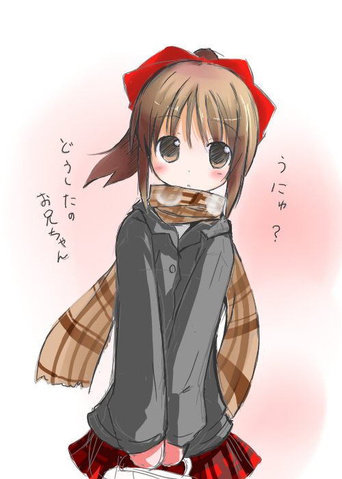 blush brown_eyes brown_hair copyright_request looking_at_viewer scarf shichinose short_hair skirt solo