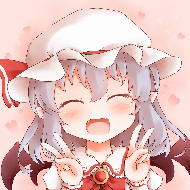 ascot bat_wings blush brooch closed_eyes double_v facing_viewer fangs hat hat_ribbon heart jewelry lavender_hair mob_cap open_mouth pink_background remilia_scarlet ribbon shize_(coletti) short_hair sidelocks solo touhou upper_body v wings