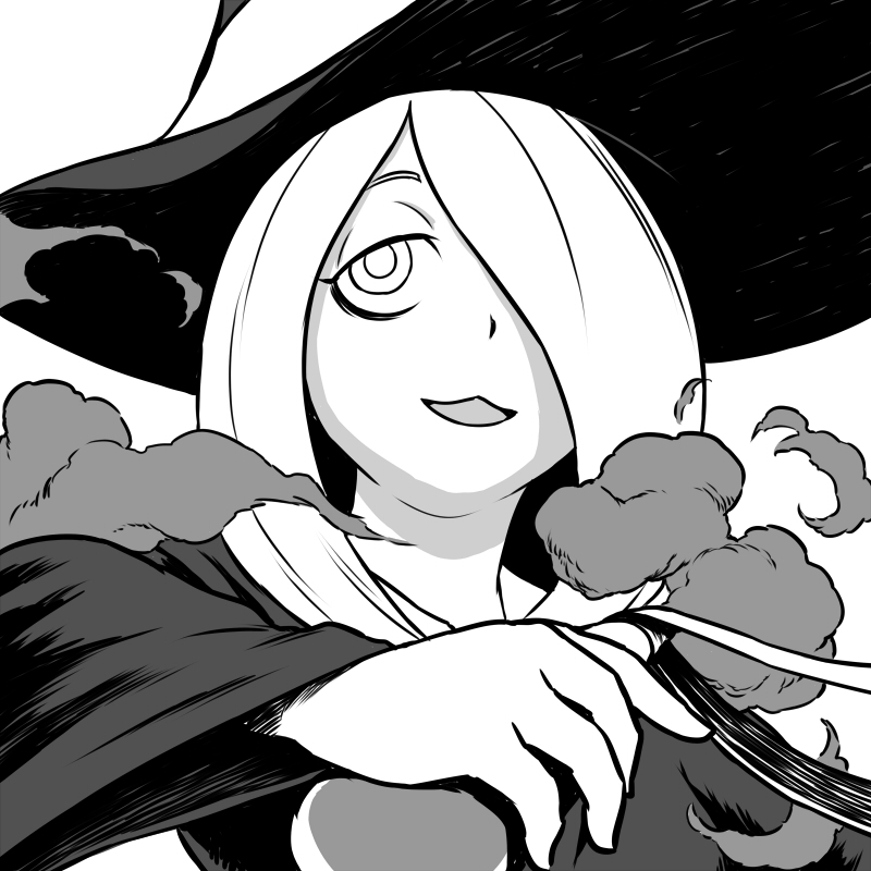 bags_under_eyes greyscale hair_over_one_eye hat little_witch_academia monochrome solo sucy_manbavaran tsukudani_(coke-buta) witch witch_hat