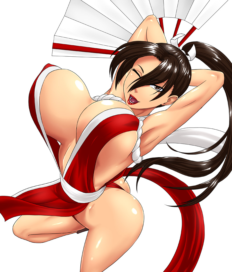 1girl bouncing_breasts breasts covered_nipples erect_nipples fan fatal_fury large_breasts ml no_bra open_mouth ponytail shiranui_mai simple_background smile solo white_background wink