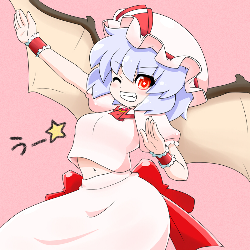 ;d ascot bat_wings blue_hair breasts fang grin hat medium_breasts midriff navel one_eye_closed open_mouth pink_background pose puffy_short_sleeves puffy_sleeves red_eyes remilia_scarlet short_hair short_sleeves smile solo star star-shaped_pupils symbol-shaped_pupils touhou uu~ wings wristband yamato_damashi