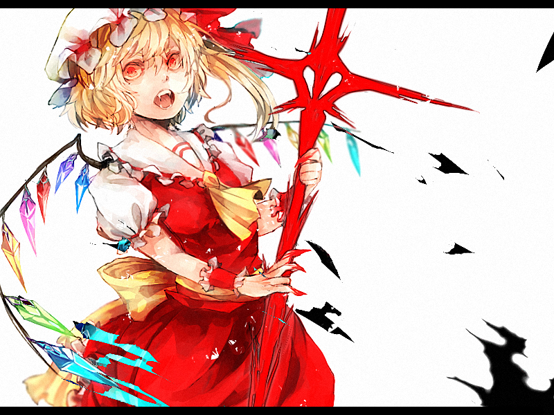ascot blonde_hair claws cross dress fangs fingernails flandre_scarlet frea hat hat_ribbon letterboxed looking_at_viewer mob_cap nail_polish open_mouth puffy_sleeves red_dress red_eyes red_nails ribbon sash shirt short_sleeves side_ponytail solo touhou wings wrist_cuffs
