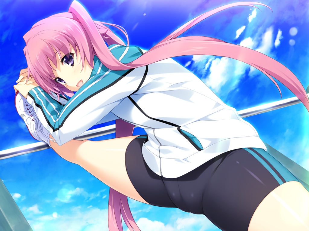 1girl bike_shorts blue_eyes cameltoe cloud day exercise flat_chest game_cg happy iizuki_tasuku jacket leg_up legs long_hair looking_at_viewer lovely_x_cation_2 nirasaki_hinata open_mouth pink_hair shoes sky smile sneakers solo spread_legs standing thighs twintails