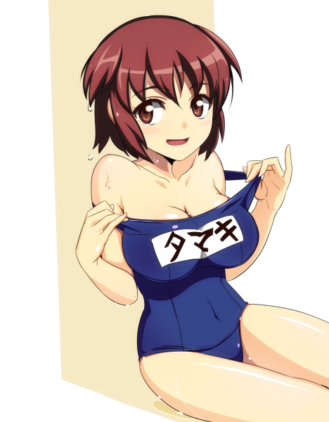 blush breasts brown_eyes brown_hair caryo character_name collarbone covered_navel irie_tamaki large_breasts majestic_prince nanashino one-piece_swimsuit open_mouth school_swimsuit short_hair sitting solo swimsuit translated undressing wet