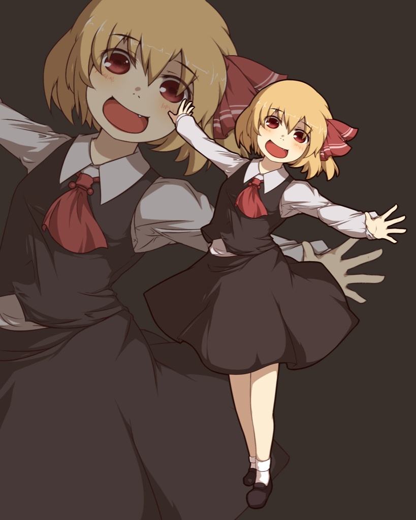 :d blonde_hair fang hair_ribbon open_mouth outstretched_arms red_eyes ribbon rumia short_hair skirt smile solo touhou winu_(hertrion) zoom_layer