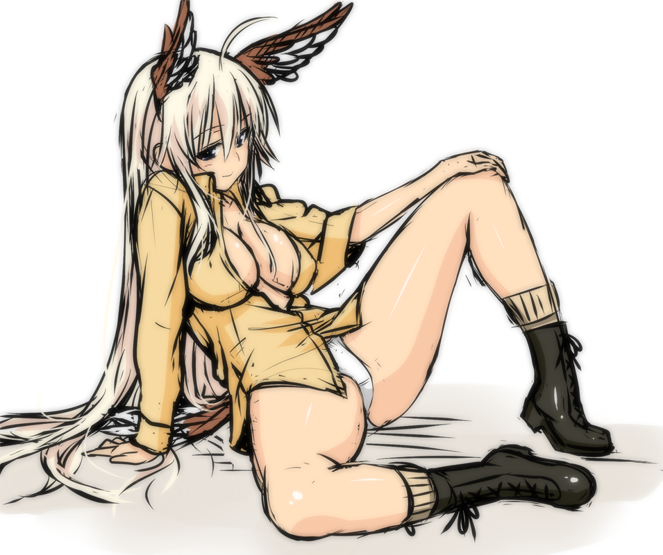 animal_ears bird_tail blonde_hair blue_eyes blush boots breasts cleavage hanna-justina_marseille head_wings long_hair medium_breasts panties sitting smile solo spread_legs strike_witches tail umyonge_(lkakeu) underwear world_witches_series
