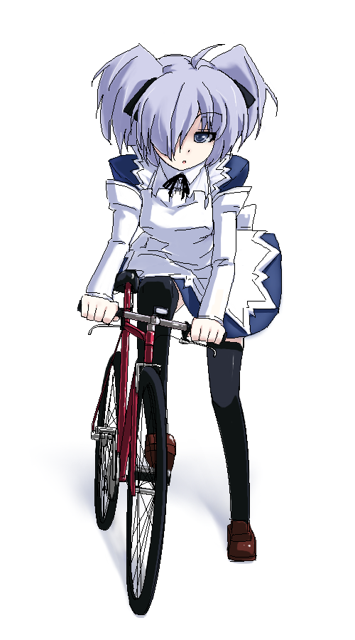 bicycle ground_vehicle grune koron_(asuka_tsubasa) looking_at_viewer original short_hair short_twintails simple_background solo thighhighs twintails white_background