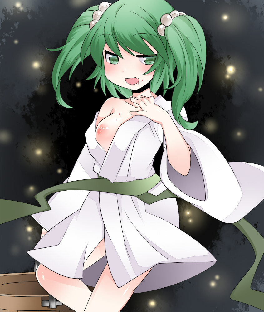 bad_id bad_pixiv_id blood breast_slip breasts bucket commentary_request green_eyes green_hair hair_ornament hammer_(sunset_beach) japanese_clothes kisume medium_breasts nipples obi off_shoulder one_breast_out open_mouth sash short_hair smile solo touhou twintails undone