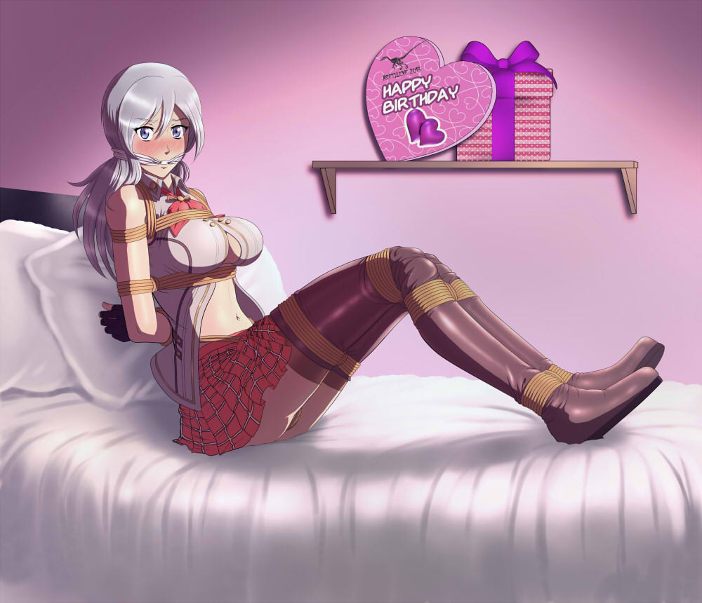 1girl alisa_ilinichina_amiella arms_behind_back bdsm bed birthday_card blue_eyes blush bondage boots bound breasts cleave_gag cloth_gag crotch_rope female fingerless_gloves gag gagged gift gloves god_eater god_eater_2 god_eater_2:_rage_burst heart improvised_gag large_breasts looking_at_viewer midriff navel panties plaid plaid_skirt reptileye rope shibari solo thigh_boots thighhighs underboob underwear