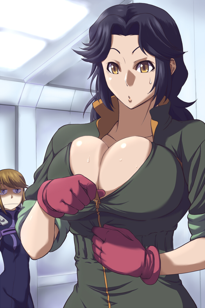 :| black_hair breast_envy breasts brown_eyes brown_hair bursting_breasts center_opening cleavage closed_mouth collarbone envy gloves jumpsuit kugimiya_kei large_breasts long_hair majestic_prince multiple_girls purple_eyes red_gloves saionji_reika_(majestic_prince) sleeves_rolled_up tyotyotyori