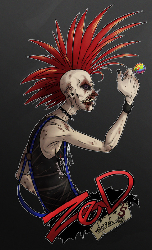 1boy black_nails blood blood_on_face candy collar earrings eyeliner food grasshopper_manufacture jewelry lollipop lollipop_chainsaw makeup mohawk nail_polish nose_piercing pale_skin piercing punk red_hair scowl spiked_collar spikes suspenders tank_top white_skin wristband zed_(lollipop_chainsaw) zombie