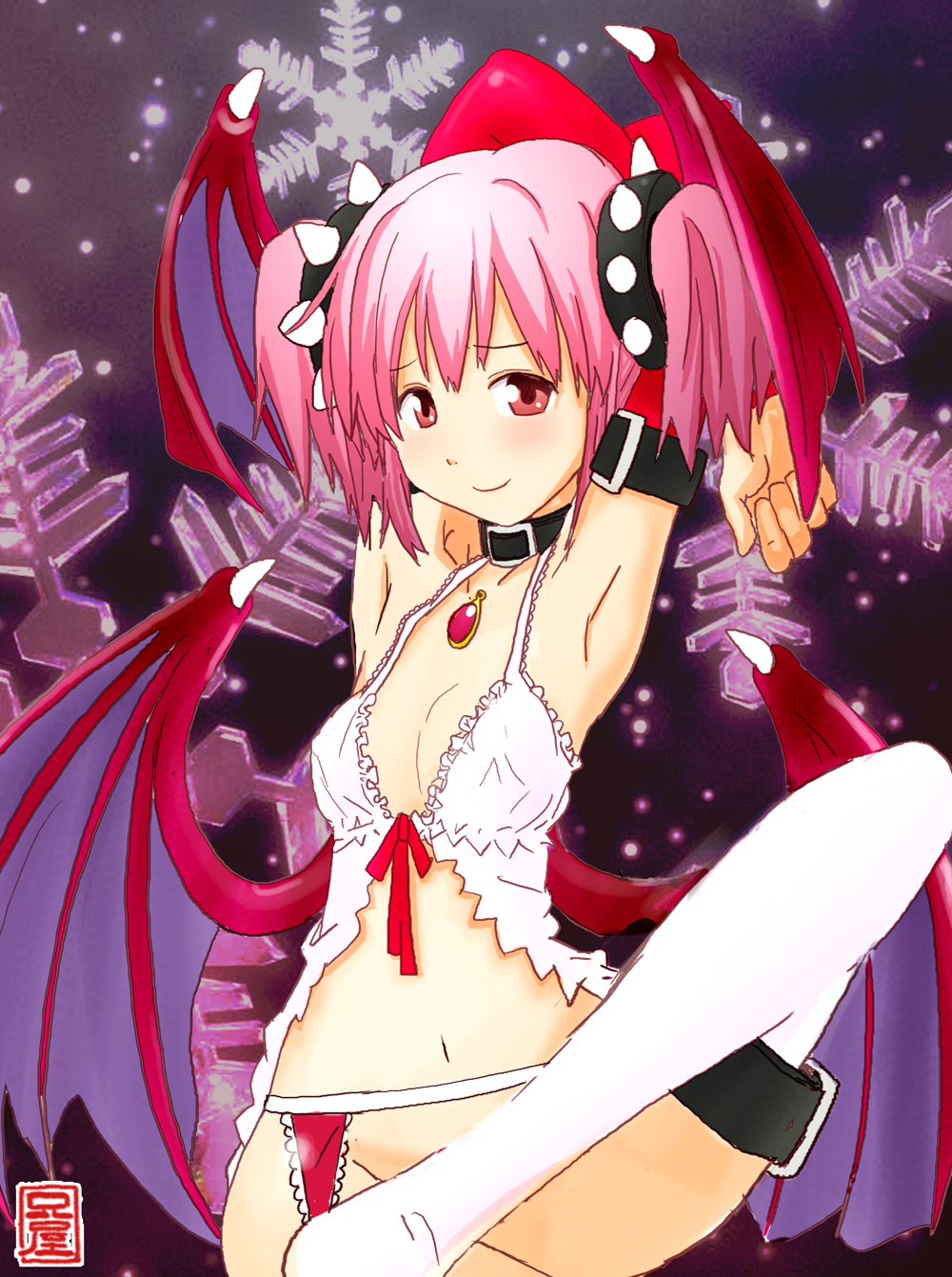 :d alternate_costume ani_(aniya) armpits arms_up babydoll blush collar demon_girl flat_chest garter_belt head_wings highres kaname_madoka looking_at_viewer mahou_shoujo_madoka_magica navel open_mouth parted_lips pink_hair short_hair short_twintails smile snowflakes solo succubus thighhighs twintails white_legwear wings