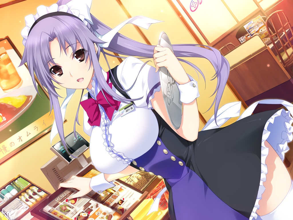 1girl bow bowtie breasts brown_eyes chair food game_cg hair_ornament highres hips iizuki_tasuku large_breasts long_hair looking_at_viewer lovely_x_cation_2 maid_headdress menu narukawa_hime open_mouth ponytail purple_hair restaurant skirt smile solo standing tongue waitress wrist_cuffs