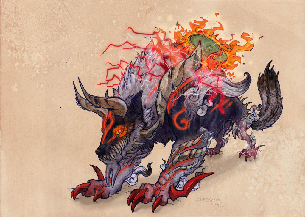 amaterasu artist_name beige_background capcom claws company_connection dated fire flame fusion glowing glowing_eyes horns inferorumcanis monster_hunter no_humans ookami_(game) red_eyes simple_background solo stygian_zinogre