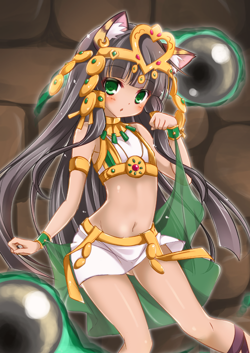 animal_ears bastet_(p&amp;d) black_hair cat_ears cat_tail cross-laced_footwear crown dark_skin egyptian green_eyes jewelry long_hair midriff minakami_rinka open_mouth puzzle_&amp;_dragons solo tail