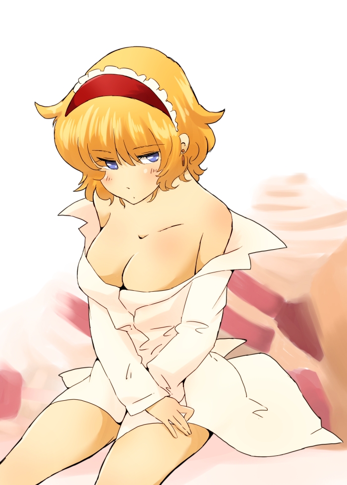 alice_margatroid bad_id bad_pixiv_id bare_shoulders blonde_hair blue_eyes blush bottomless breasts cleavage dress_shirt earrings from_above hairband jewelry large_breasts naked_shirt no_bra no_pants non_(z-art) shirt short_hair solo touhou