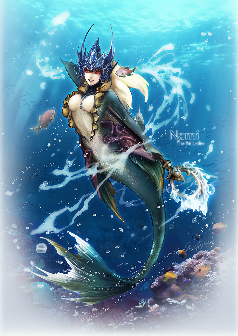aa2233a breasts bubble center_opening cleavage fish helmet jewelry league_of_legends medium_breasts monster_girl nami_(league_of_legends) necklace ocean red_eyes scales solo water
