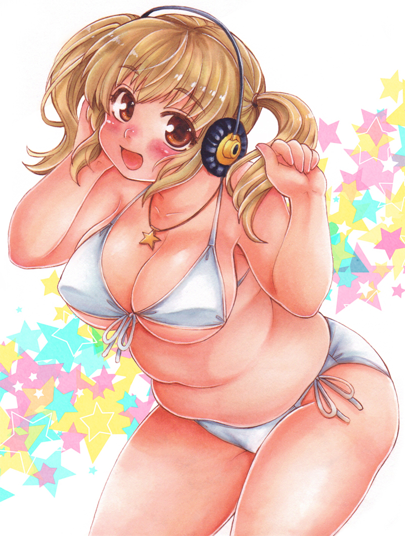 :d belly bikini blonde_hair blush breasts cleavage commentary_request eyebrows_visible_through_hair fat fat_folds front-tie_bikini front-tie_top hand_up headphones jewelry large_breasts marker_(medium) midriff necklace nitroplus open_mouth orange_eyes shira_(kunseitamago) short_twintails side-tie_bikini smile solo star star_necklace starry_background string_bikini super_pochaco swimsuit traditional_media twintails underboob white_bikini