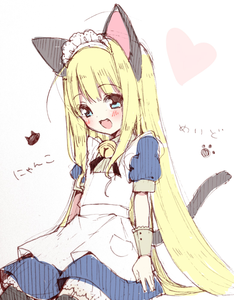 :3 :d animal_ears apron bell blonde_hair blue_eyes blush cat_ears cat_tail fang heart jingle_bell long_hair maid maid_headdress open_mouth original simple_background smile solo tail thighhighs usashiro_mani very_long_hair white_background