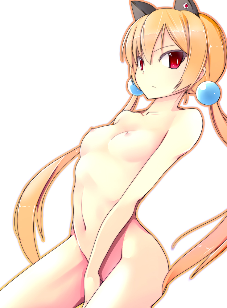 alisa_southerncross arched_back breasts hair_bobbles hair_ornament keroro_gunsou long_hair looking_at_viewer nipples nude orange_hair pon_(shind_997) red_eyes simple_background small_breasts solo twintails white_background