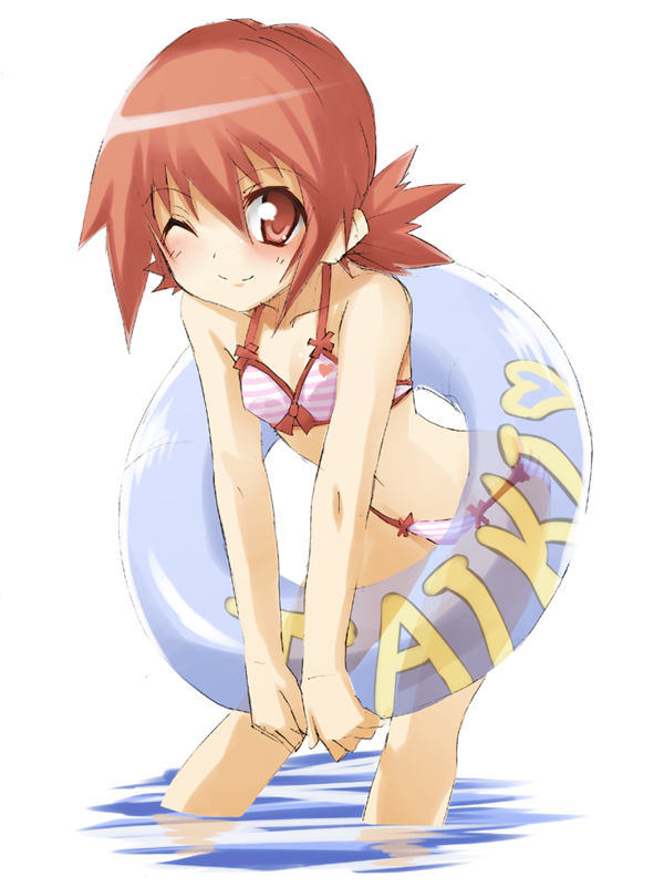 bad_id bad_pixiv_id bangs bent_over bikini blush bow bow_bikini character_name digimon digimon_xros_wars flat_chest hair_between_eyes heart hinomoto_akari innertube looking_at_viewer low_twintails one_eye_closed red_eyes red_hair shikapu short_hair short_twintails simple_background sketch smile solo standing striped striped_bikini swimsuit transparent twintails wading water white_background