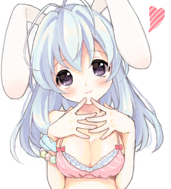 animal_ears blue_hair blush bra breasts bunny_ears cleavage copyright_request heart large_breasts long_hair looking_at_viewer purple_eyes simple_background smile solo underwear upper_body usashiro_mani white_background