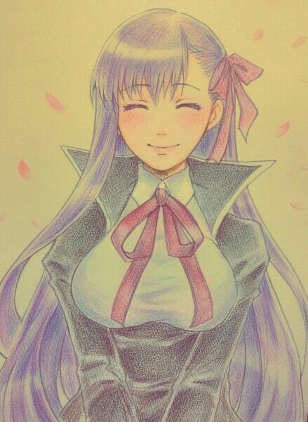 bb_(fate)_(all) bb_(fate/extra_ccc) colored_pencil_(medium) fate/extra fate/extra_ccc fate_(series) hair_ribbon long_hair petals purple_hair ribbon shaoton3 solo traditional_media very_long_hair