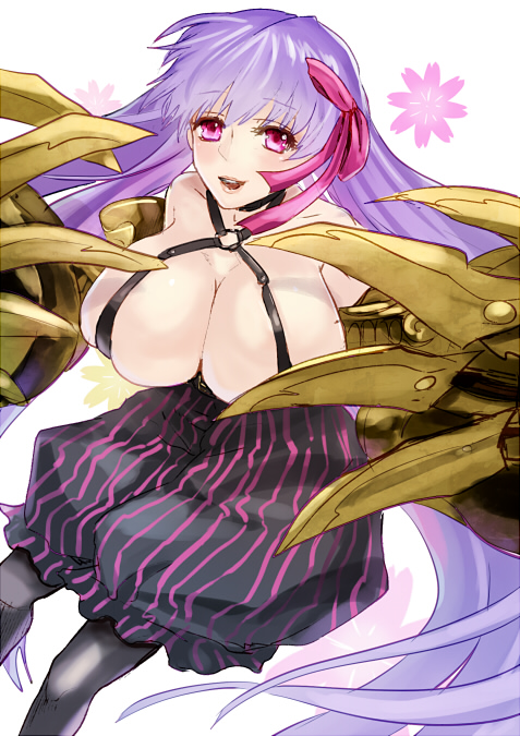 breasts claws fate/extra fate/extra_ccc fate_(series) hair_ribbon homutatu huge_breasts long_hair pants pantyhose passion_lip pink_eyes purple_eyes purple_hair ribbon solo