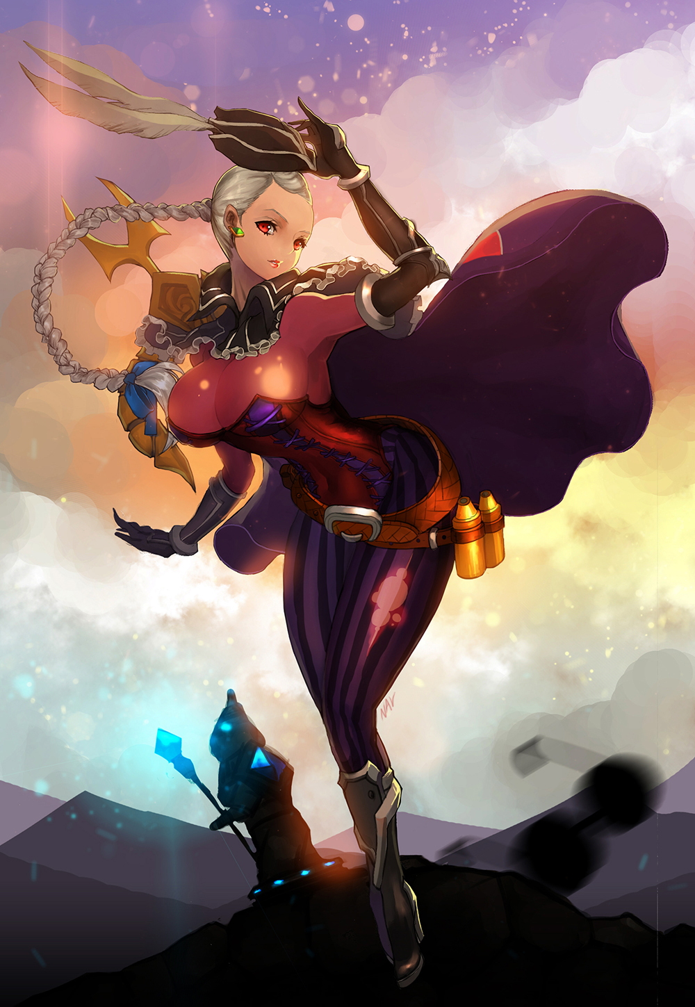alternate_costume belt bodysuit boots braid breasts glasses hat highres large_breasts league_of_legends long_hair nal_(nal's_pudding) red_eyes shauna_vayne silver_hair solo