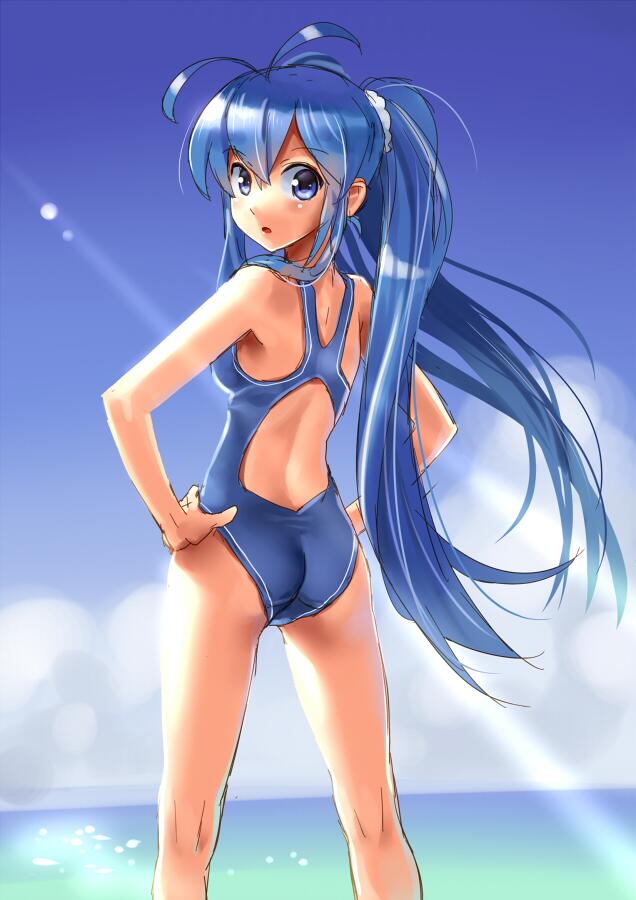 :o antenna_hair ass back blue_eyes blue_hair blush cloud competition_swimsuit day from_behind hands_on_hips imaichi_moenai_ko katahira_masashi kneepits kobe_shinbun light_rays long_hair looking_at_viewer looking_back ocean one-piece_swimsuit sky solo sunbeam sunlight swimsuit twintails very_long_hair water