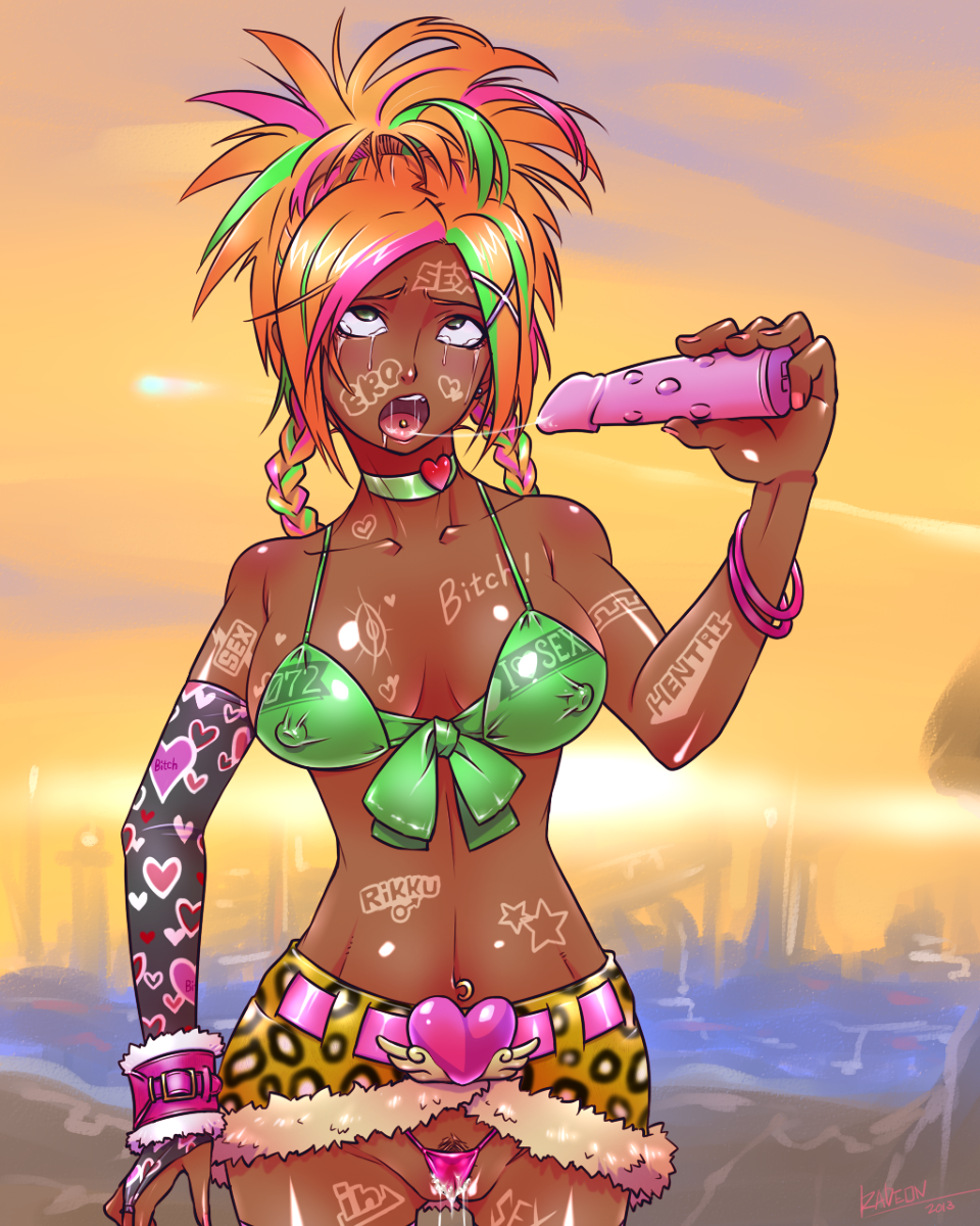 ahegao al_bhed_eyes bangle bikini bikini_top blonde_hair body_writing bracelet braid breasts collar commentary covered_nipples crying dark_skin dildo final_fantasy final_fantasy_x final_fantasy_x-2 fingerless_gloves front-tie_bikini front-tie_top g-string ganguro gloves green_eyes headband highres image_sample jewelry large_breasts lips long_hair md5_mismatch mind_control multicolored_hair nail_polish nipples open_mouth panties piercing pink_nails pink_panties pixiv_sample pussy rikku ryuney skirt solo swimsuit tan tears thong tongue_piercing underwear wedgie