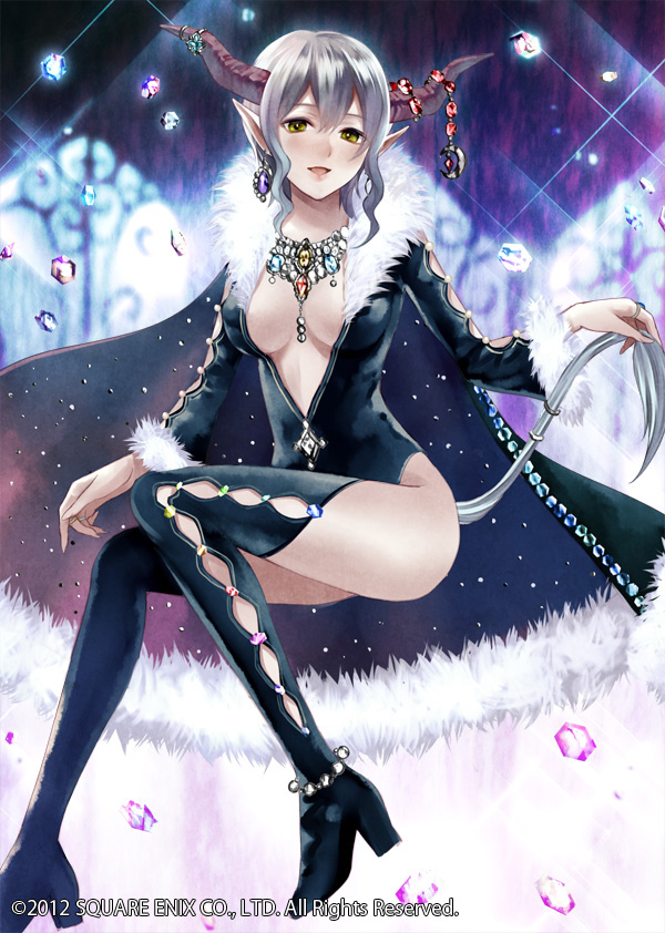 bad_id bad_pixiv_id blush breasts cape character_request cleavage demon_girl earrings fukahire_(ruinon) fur high_heels horns jewelry legs long_legs medium_breasts million_arthur_(series) necklace open_mouth pointy_ears shoes short_hair silver_hair sitting smile solo tail thighhighs thighs yellow_eyes