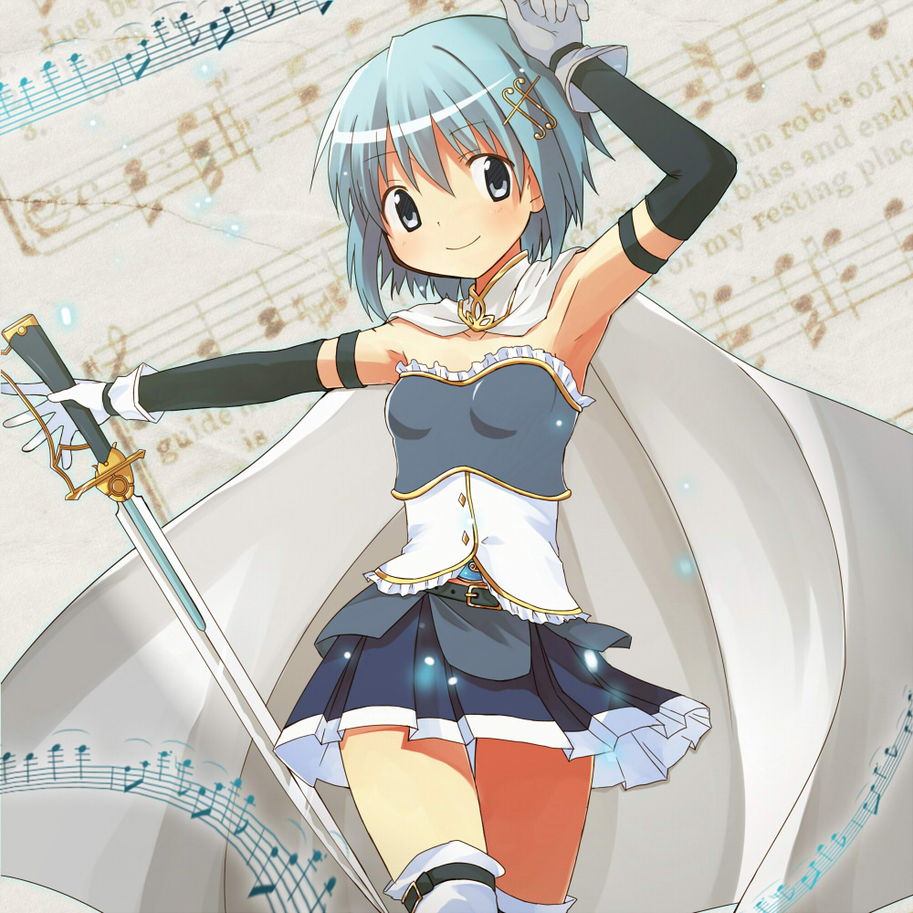 arm_up armpits bad_id bad_pixiv_id bangs bass_clef belt blue_eyes blue_hair blush breasts cape commentary_request cowboy_shot dotted_quarter_note eighth_note flat_sign fortissimo fortissimo_hair_ornament frills gloves glowing hair_ornament hairclip hand_on_own_head holding kyabechi light_particles light_smile looking_at_viewer magical_girl mahou_shoujo_madoka_magica mahou_shoujo_madoka_magica_movie miki_sayaka miniskirt musical_note natural_sign outstretched_arm outstretched_arms pleated_skirt quarter_note reverse_grip sharp_sign sheet_music short_hair sixteenth_note skirt small_breasts smile solo staff_(music) standing strapless sword thigh_gap thigh_strap thighhighs time_signature treble_clef tubetop weapon white_gloves white_legwear zettai_ryouiki