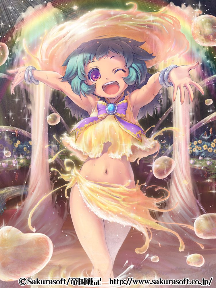 ;d bad_id bad_pixiv_id blue_hair blush bow brooch crop_top crossed_legs jewelry midriff navel one_eye_closed open_mouth original outstretched_arms outstretched_hand piro_(orip) purple_eyes rainbow short_hair skirt smile solo standing teikoku_senki
