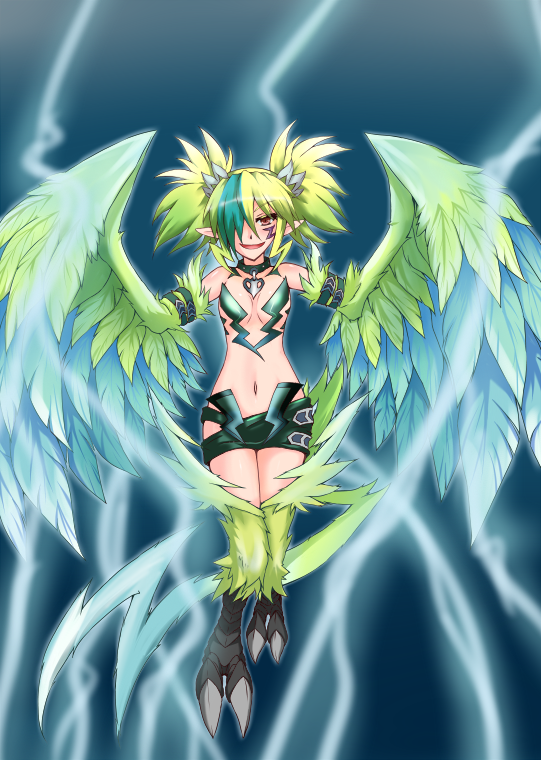 1girl artist_request belt blonde_hair blue_hair breasts cleavage electricity feathers hair_over_one_eye harpy lightning lightning_bolt mamono_girl_lover midriff monster_girl monster_girl_encyclopedia multicolored_hair navel red_eyes shintani_masaki shorts small_breasts smile solo tail talons thunderbird_(mamono_girl_lover) twintails two-tone_hair wings