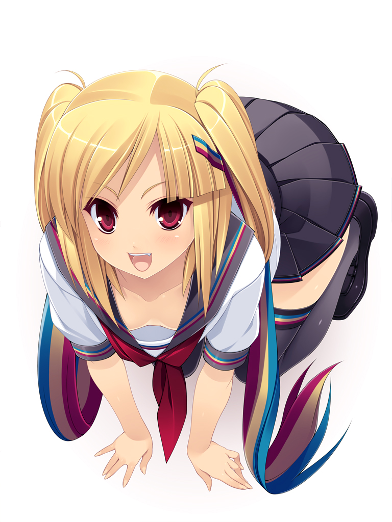 :d all_fours beatmania beatmania_iidx black_legwear blonde_hair breasts downblouse full_body hair_ornament hairclip kinoshita_ichi loafers long_hair no_bra open_mouth pleated_skirt red_eyes school_uniform serafuku shoes simple_background skirt small_breasts smile solo thighhighs two_side_up white_background xiatian_(beatmania_iidx) zettai_ryouiki