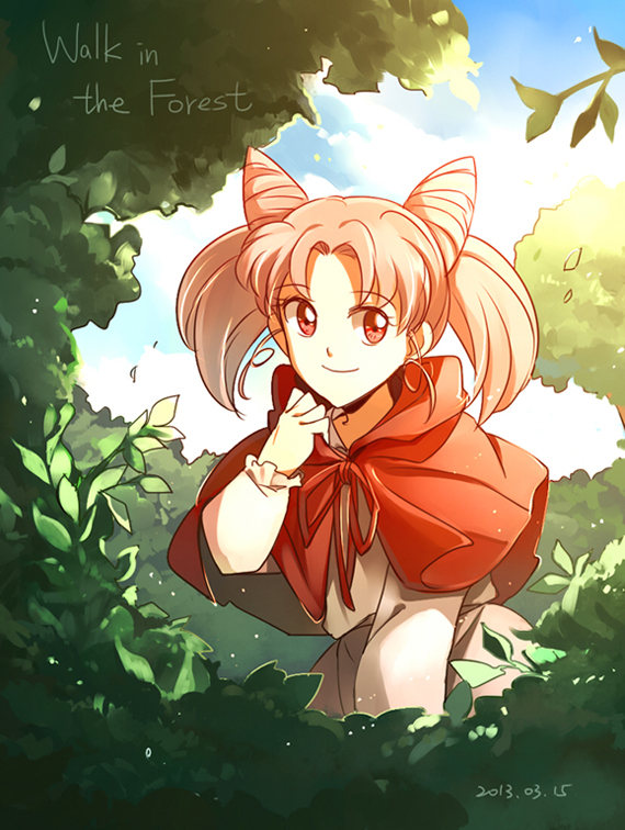 2013 aki_(neyuki41028) bad_id bad_pixiv_id bishoujo_senshi_sailor_moon capelet chibi_usa dated english forest long_sleeves nature pink_hair red_eyes short_twintails smile solo twintails