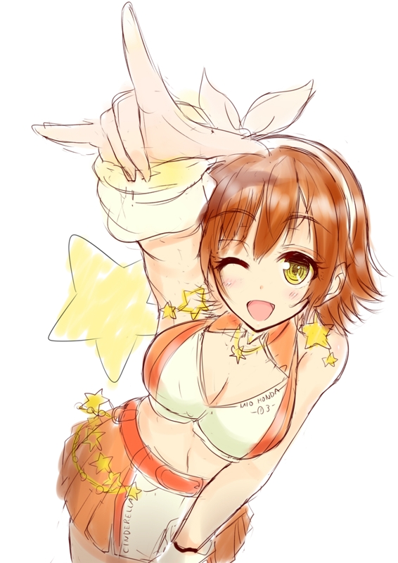 ;d bad_id bad_pixiv_id belt breasts brown_hair center_opening cleavage earrings hairband honda_mio idolmaster idolmaster_cinderella_girls jewelry large_breasts midriff mokufuu navel one_eye_closed open_mouth short_hair sketch skirt smile solo sunset_nostalgie