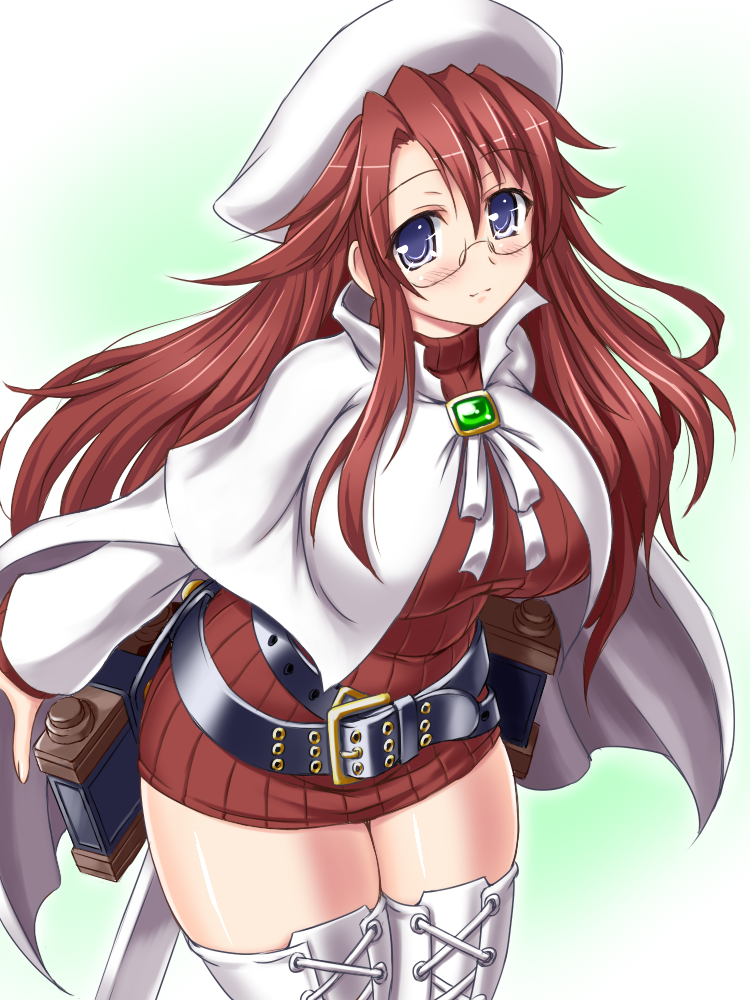 aty_(summon_night) belt beret blue_eyes blush boots breasts brooch cape dress glasses hat jewelry large_breasts leaning_forward long_hair looking_at_viewer loose_belt red_hair ribbed_sweater smile solo summon_night summon_night_3 summon_night_5 sweater sweater_dress thigh_boots thighhighs tsukioka_kirio white_legwear