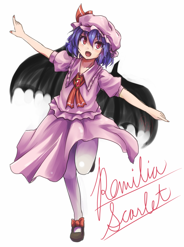 bat_wings blue_hair brooch dress fang hat hat_ribbon jewelry looking_at_viewer neckerchief open_mouth outstretched_arms pantyhose pink_dress pink_eyes puffy_sleeves remilia_scarlet ribbon short_sleeves simple_background smile solo standing standing_on_one_leg touhou umarutsufuri white_background white_legwear wings