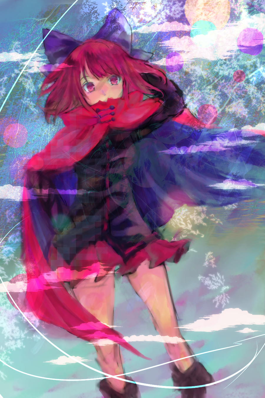 1girl bad_id bad_pixiv_id bow cape hair_bow highres long_sleeves red_eyes red_hair sekibanki short_hair skirt solo touhou