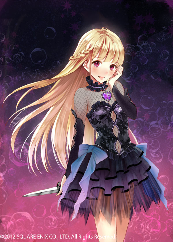 :d bad_id bad_pixiv_id bangs bare_shoulders blonde_hair blunt_bangs blush braid character_request choker corset detached_sleeves fishnets fukahire_(ruinon) hand_on_own_cheek jewelry knife long_hair million_arthur_(series) necklace open_mouth red_eyes ribbon see-through skirt smile solo weapon